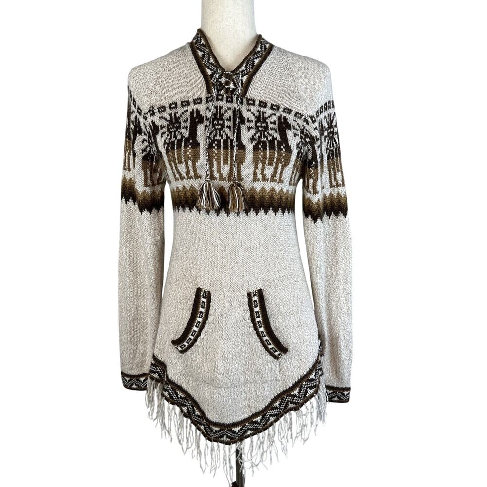Artesania Eden Hoodie Fringe Aztec Sweater Size Large Beige Alpaca‎ Made in Peru